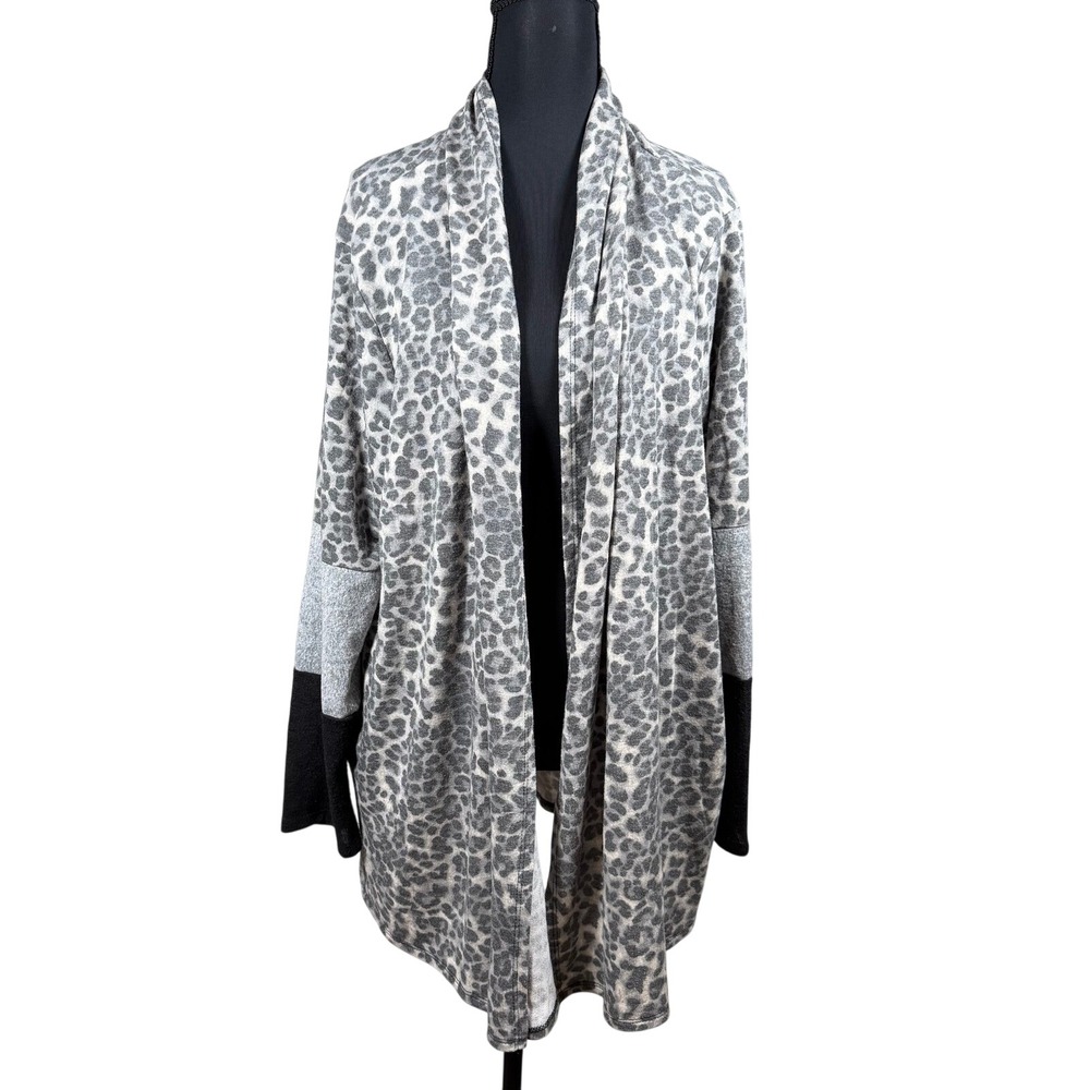 Leopard colorblock long Sleeve Open Front Cardigan Women 2X cozy sweater plus - Picture 2 of 10